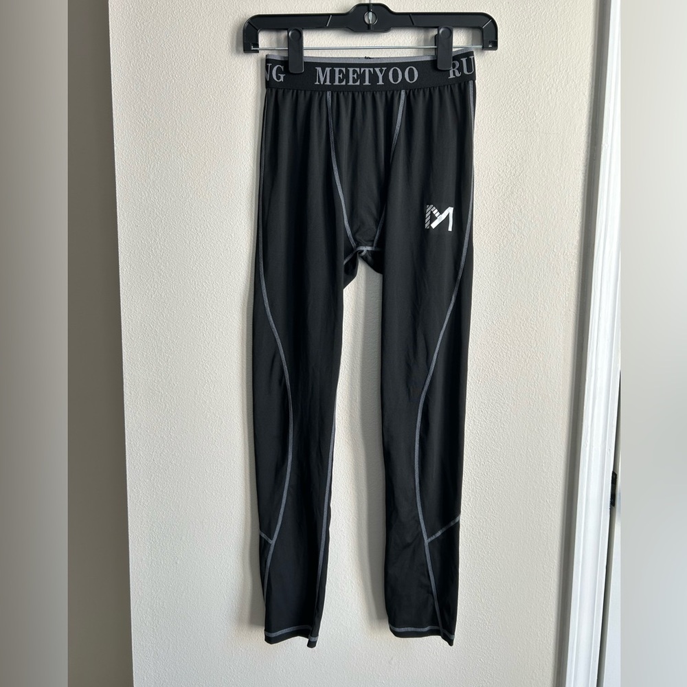 MEETYOO Mens Black Compression Tights Leggings Pants Sports Workout Running Sz S